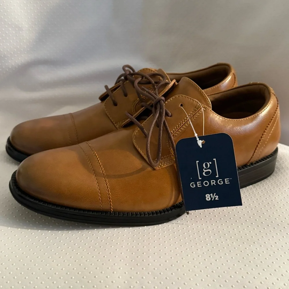 George Shoes Men’s‎ Size 8.5 Classic Brown Faux Leather Oxfords Comfort New